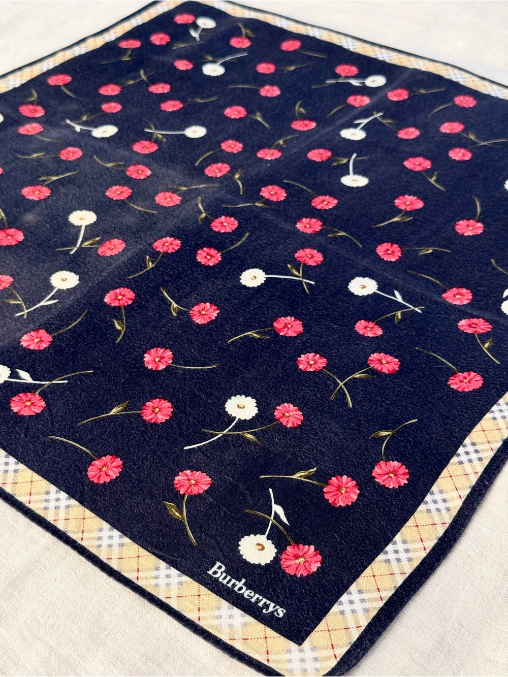 Vintage Burberrys Navy Daisy Floral Check Cotton Bandana Head Scarf Japan